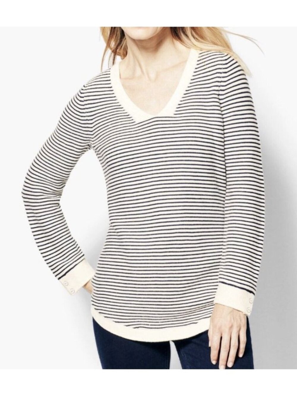 Talbots Sweater Top Women’s MP Petite Black Ivory Stripe Long Sleeve V-Neck Knit - Picture 2 of 10